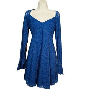 Free People Lace Peasant Dress Blue Bell Sleeve Floral - XS